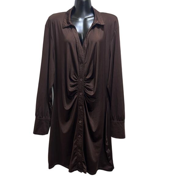 Public Desire Curve Gathered Shirt Dress Brown 24 Long Sleeve Clubbing Feminine - Picture 1 of 7
